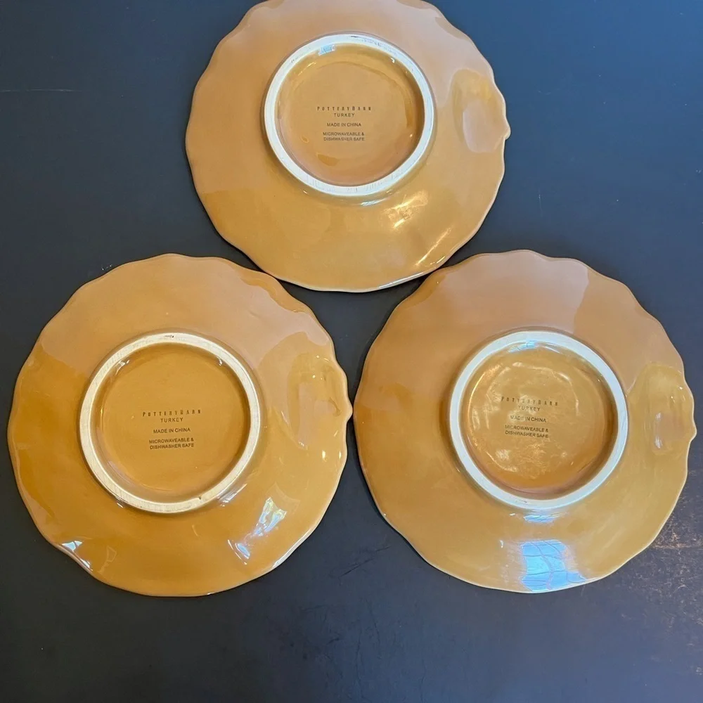Pottery Barn Gold colored Embossed Turkey Plates Set of 3